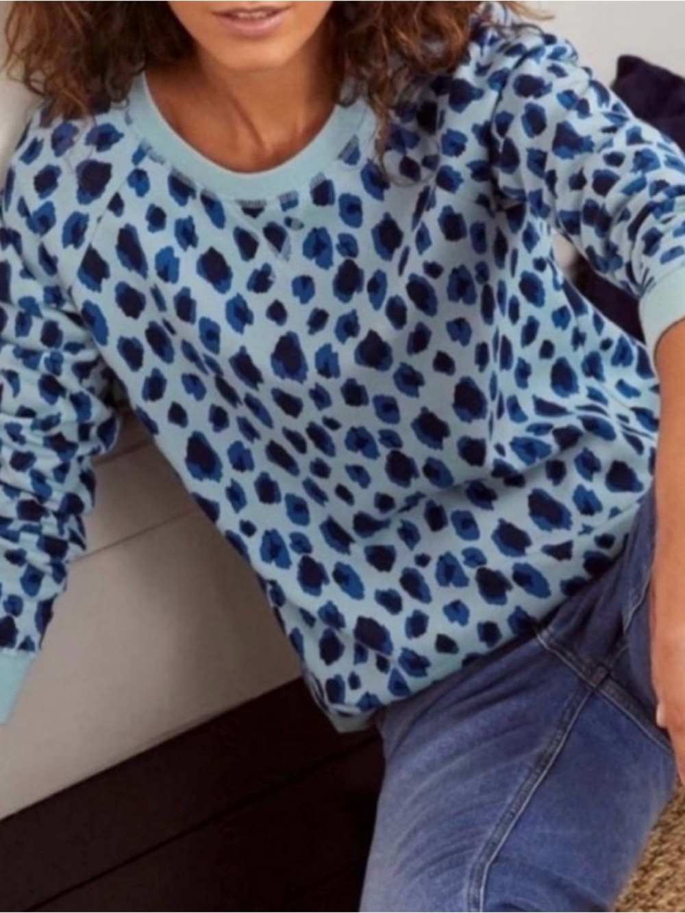 Women’s Boden Light Blue Leopard Print Crewneck